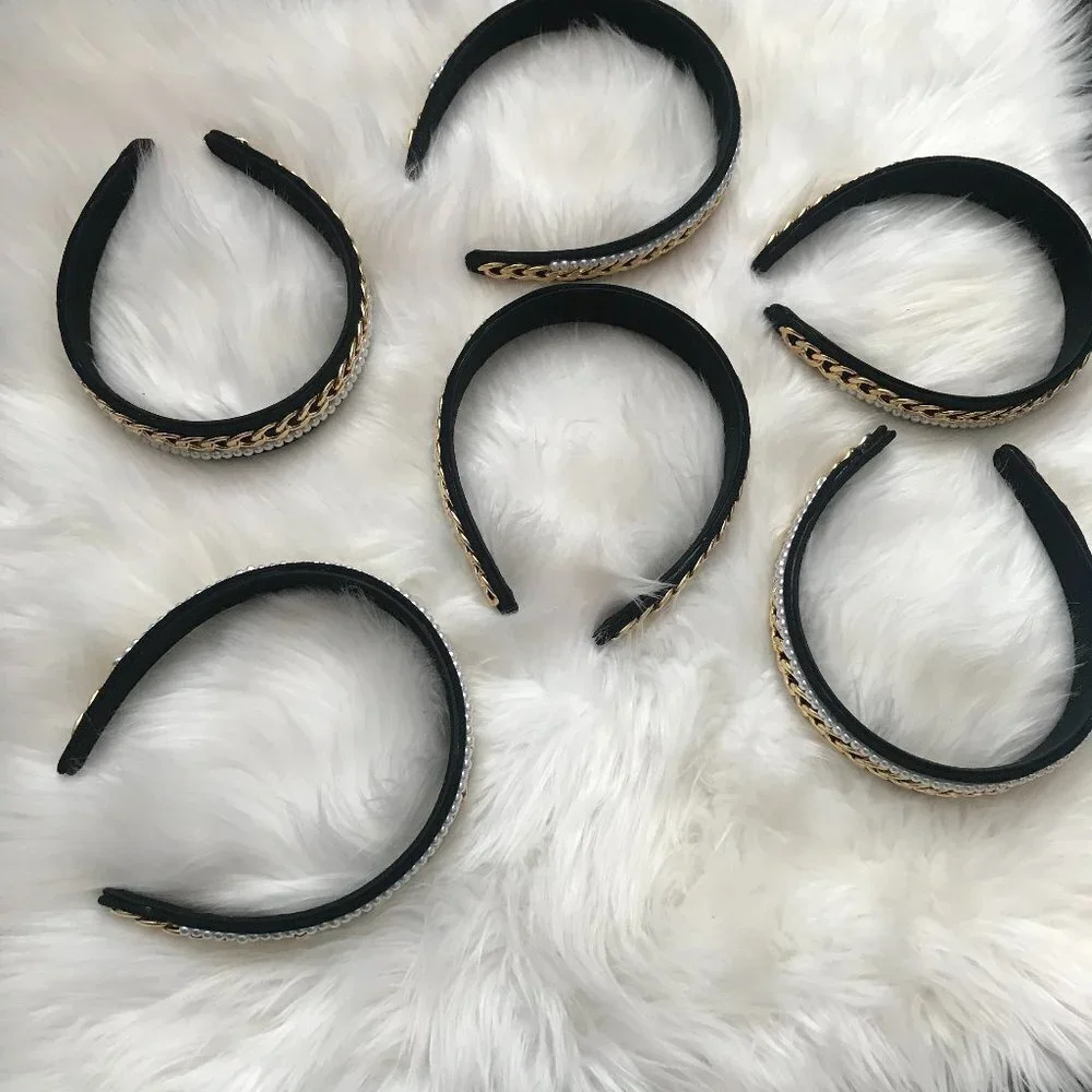 J. ELISE BOUTIQUE NEW TRENDY VELVET Black Gold Chain Pearl Fashion Headband